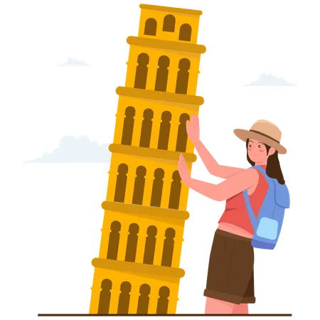 Girl pretending to hold leaning tower of pisa  Illustration