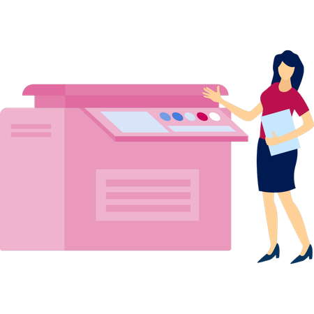 Girl printing document on printer  Illustration