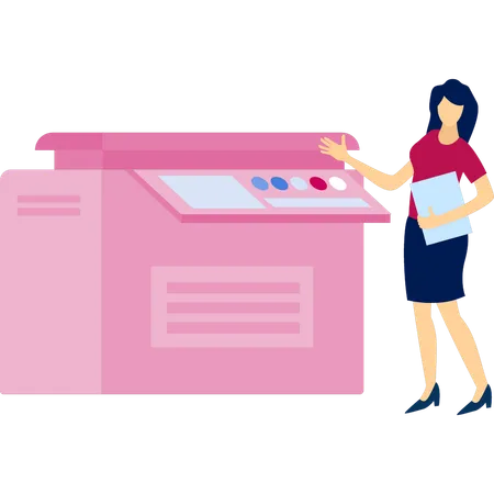 Girl printing document on printer  Illustration