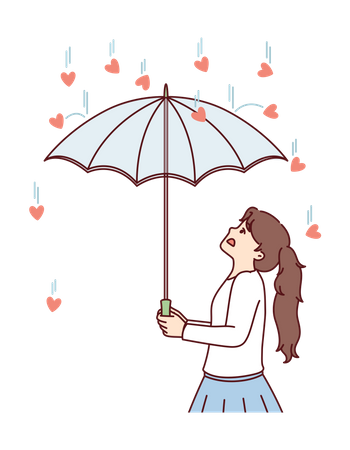 Girl protect herself from heart rain  Illustration