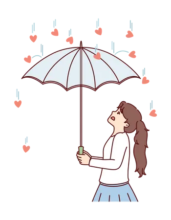 Girl protect herself from heart rain  Illustration