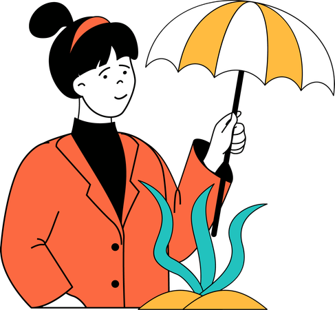 Girl protecting plant using umbrella  Illustration