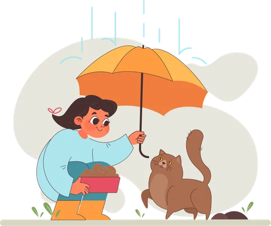 Girl protects pet cat from rainy weather  Illustration