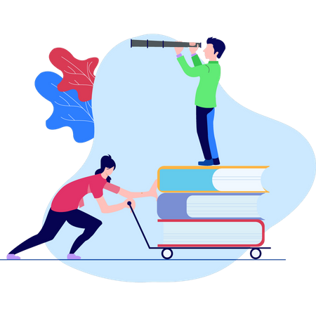 Girl pulling books trolley and boy finding education vision  Illustration