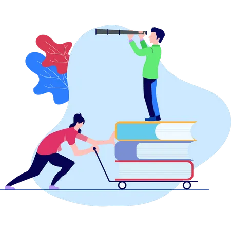Girl pulling books trolley and boy finding education vision  Illustration