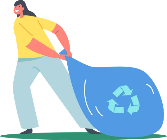Girl pulling recycle garbage bag for recycle  Illustration