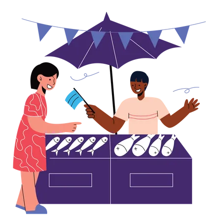 Girl purchase fish from fish market  Illustration