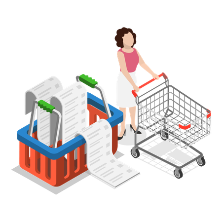 Girl pushing empty cart while having shopping list  Illustration
