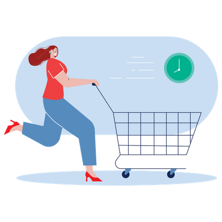 Girl pushing shopping cart Illustration