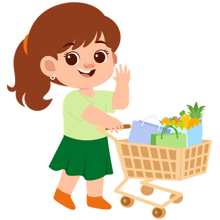 Girl Pushing Shopping Cart while say hey  Illustration