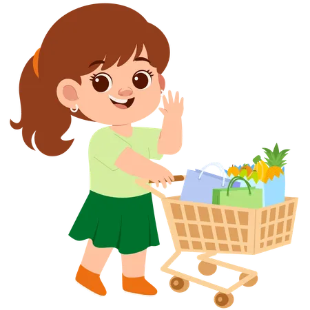 Girl Pushing Shopping Cart while say hey  Illustration