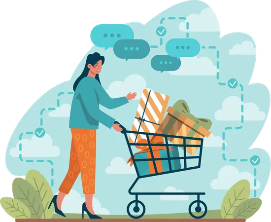 Girl pushing shopping cart with full of gifts  Illustration