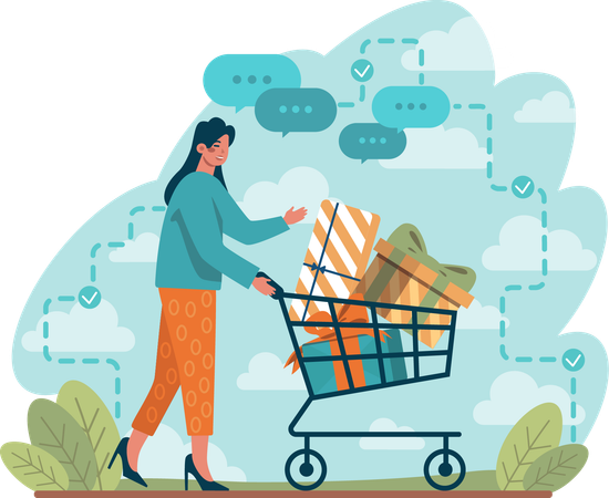 Girl pushing shopping cart with full of gifts  Illustration