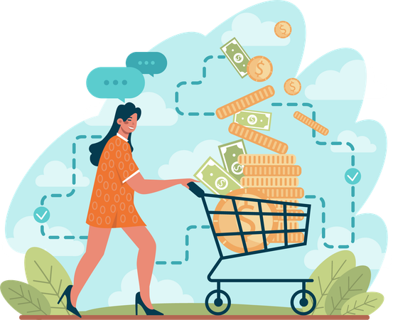 Girl pushing trolley with money  Illustration