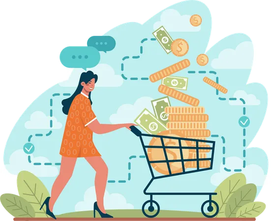 Girl pushing trolley with money  Illustration