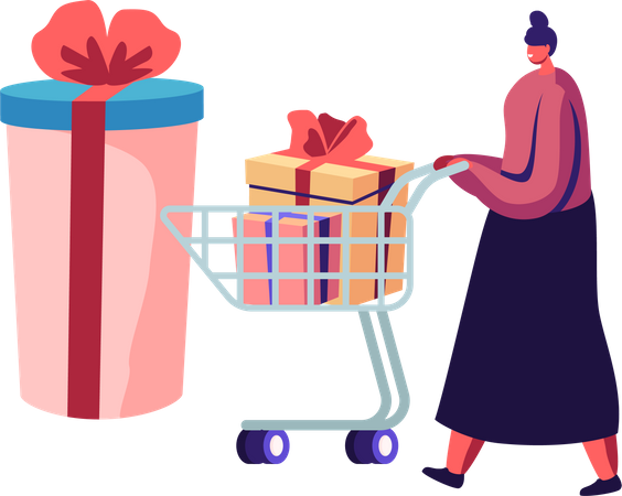 Girl Pushing Trolley with Purchases and Gift Boxes Illustration