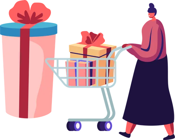 Girl Pushing Trolley with Purchases and Gift Boxes  Illustration