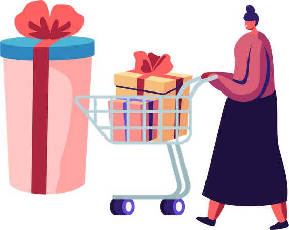 Girl Pushing Trolley with Purchases and Gift Boxes  Illustration