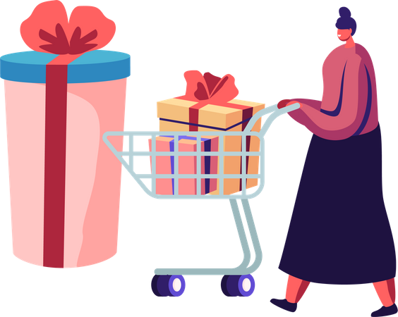 Girl Pushing Trolley with Purchases and Gift Boxes  Illustration