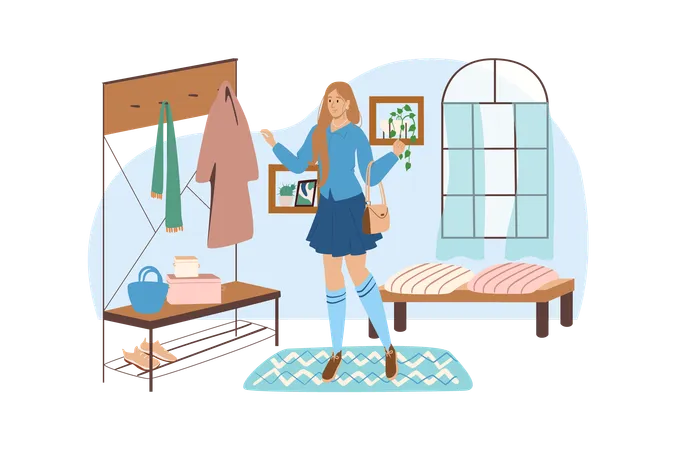 Interior Blue Concept With People Scene In The Flat Cartoon Design Girl Puts On A Coat And Is About To Leave The Hall Vector Illustration Illustration