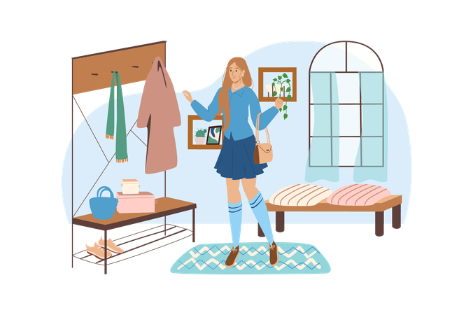 Girl puts on a coat and is about to leave the hall  Illustration