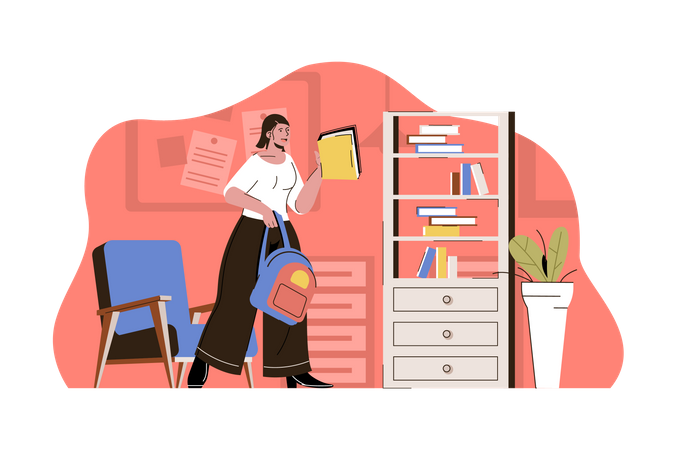 Girl Putting book in library bookshelf  Illustration