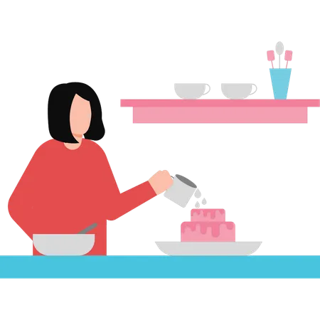 The Girl Is Putting Chocolate On The Cake Illustration