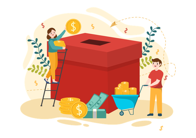 Girl putting coin in charity box  Illustration