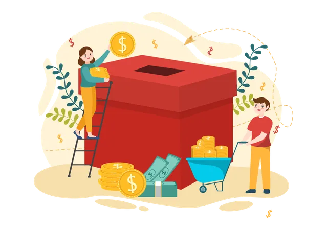 Fundraising Charity And Donation Vector Illustration With Volunteers Putting Coins Or Money In Donate Box In Financial Support Cartoon Background 일러스트레이션