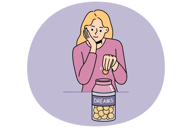 Girl putting coin in jar for full fill her dream  Illustration