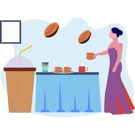 Girl putting cup of coffee on table  Illustration
