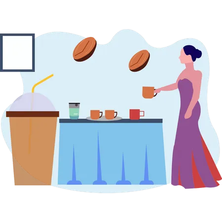 The Girl Is Putting A Cup Of Coffee On The Table Illustration