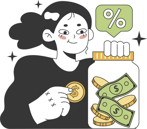 Girl putting dollar coin in money jar  Illustration