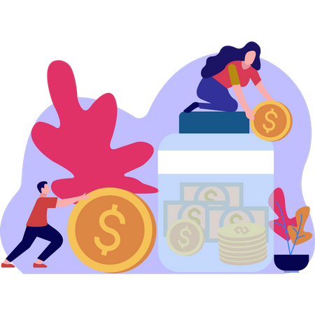 Girl Putting Dollars In Jar  Illustration