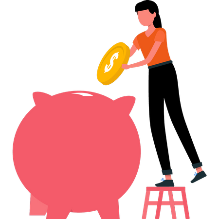 Girl putting dollars in piggy bank  Illustration