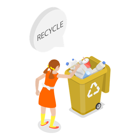 Girl putting garbage in trash bin  Illustration