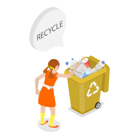 Girl putting garbage in trash bin  Illustration