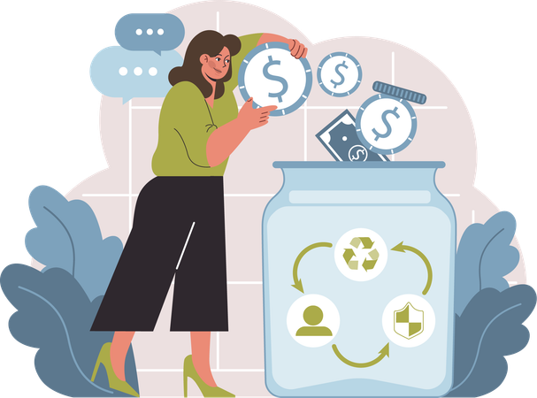 Girl putting money in jar for csr  Illustration