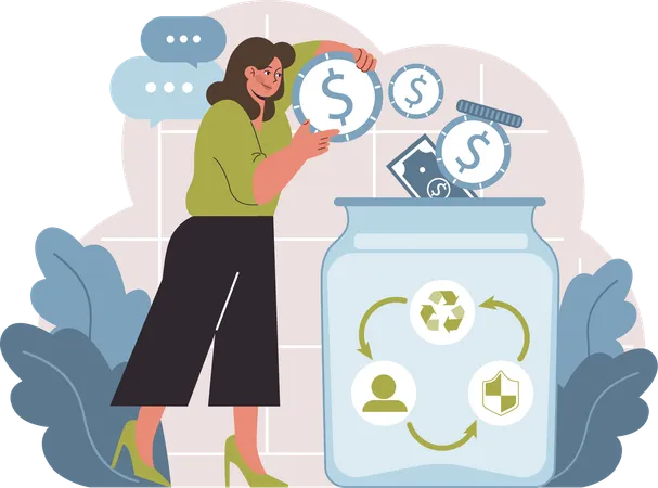 Girl putting money in jar for csr  Illustration