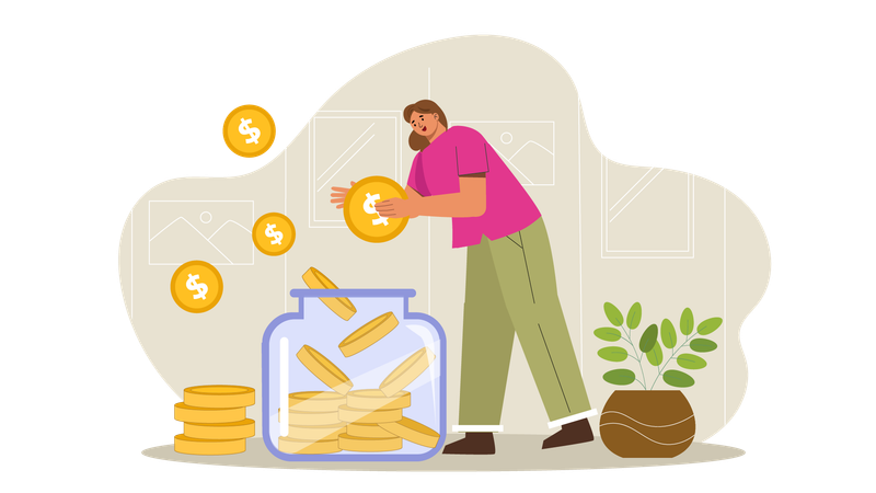 Girl putting money in money jar  Illustration