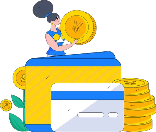 Girl putting money in wallet  Illustration