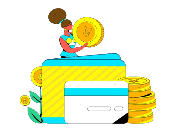 Girl putting money in wallet  Illustration