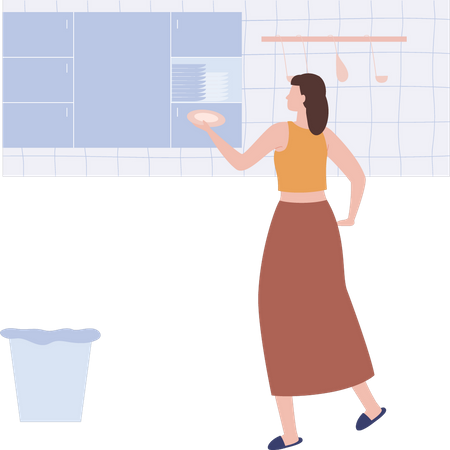 Girl putting plates in cabinet  Illustration