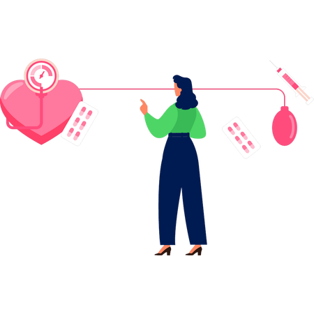 Girl raised heart with tablets and manometer  Illustration