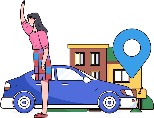 Girl raised her hand for car rent  Illustration