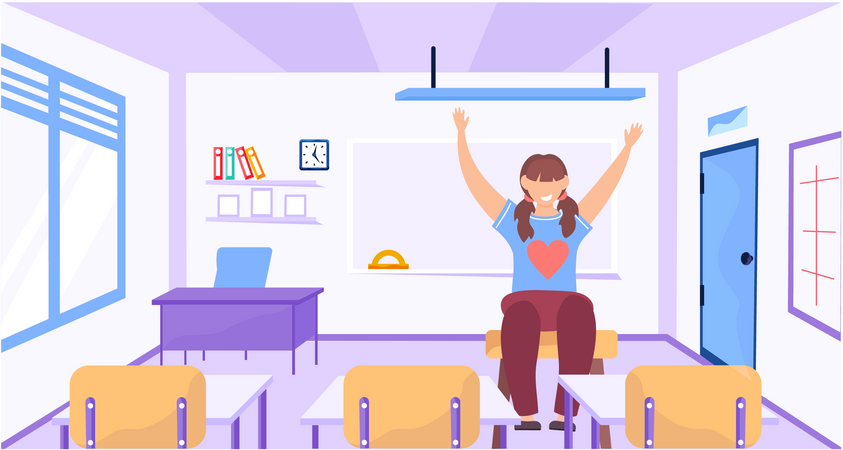 Girl raises her hand up sitting in empty classroom Illustration