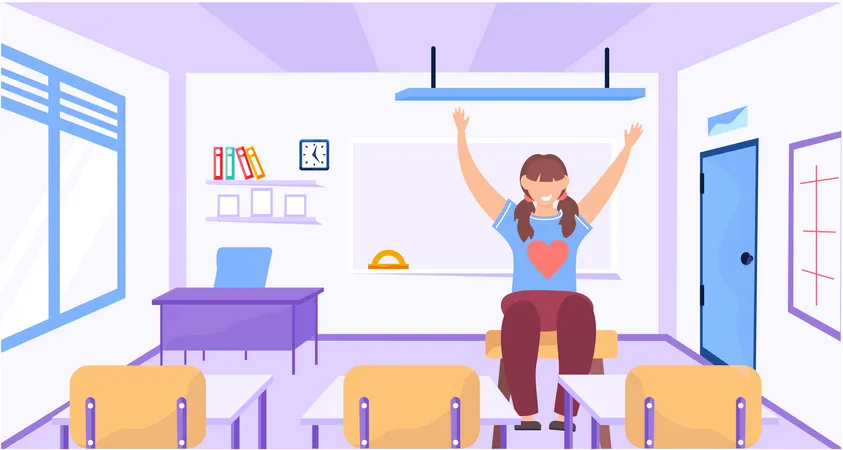 Girl raises her hand up sitting in empty classroom  Illustration