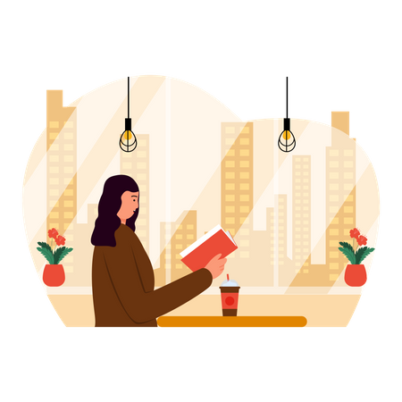 Girl read book while having coffee Illustration