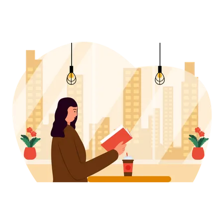 Girl read book while having coffee  Illustration