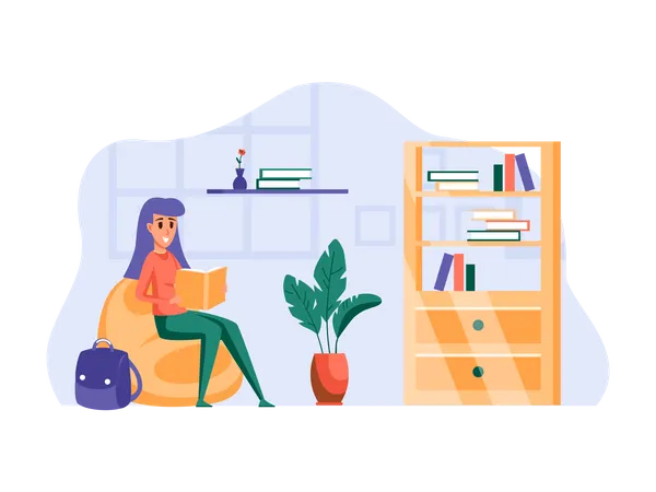 Girl reading a book at home  イラスト